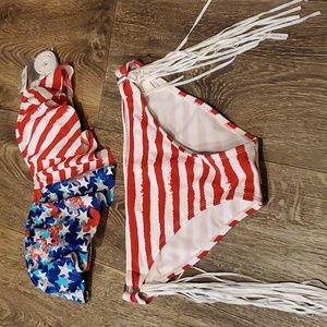 Nordstrom Rack Womans Patriotic USA Flag Bikini Swimsuit White Fringe S America